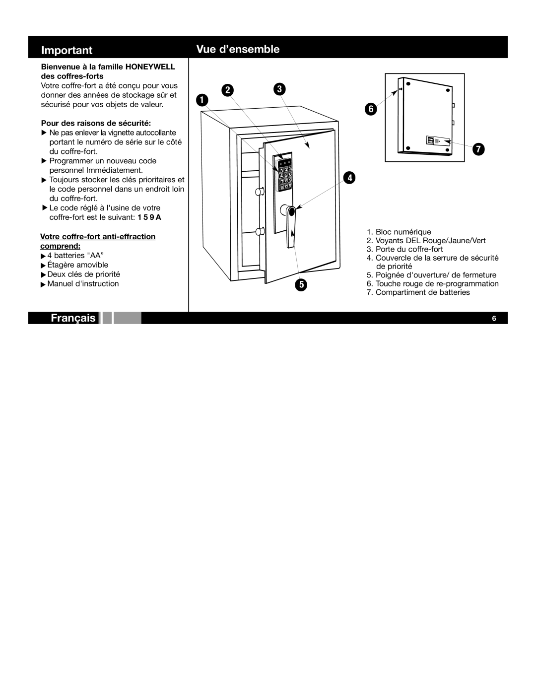 Honeywell 2077D Vue d’ensemble, Français, Bienvenue à la famille Honeywell des coffres-forts, Pour des raisons de sécurité 