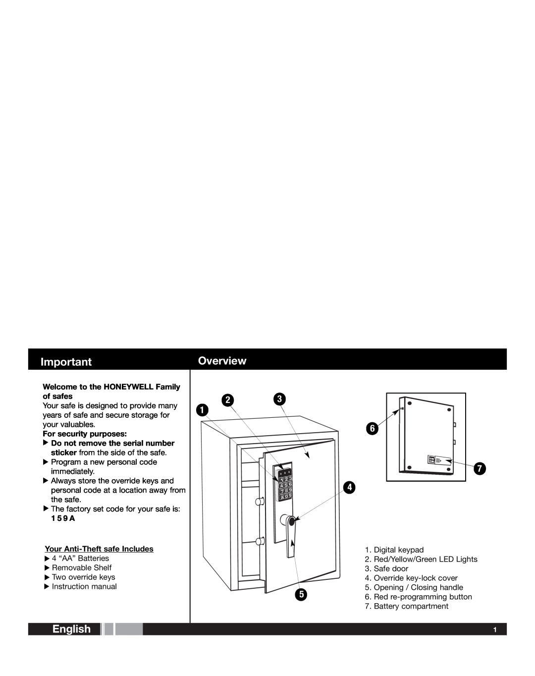 Honeywell 2077D manual Overview, English, Welcome to the HONEYWELL Family of safes, For security purposes, 1 5 9 A 