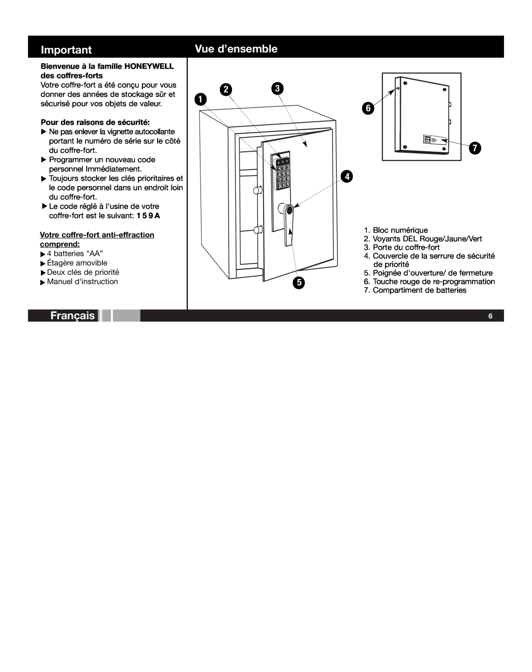 Honeywell 2077D manual Vue d’ensemble, Français, Pour des raisons de sécurité, Votre coffre-fort anti-effractioncomprend 