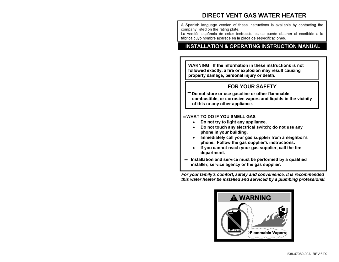 Honeywell Gas Water Heater, 238-47969-00A instruction manual For Your Safety, What to do if YOU Smell GAS 