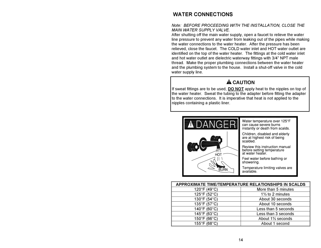 Honeywell 238-47969-00A, Gas Water Heater Water Connections, Approximate TIME/TEMPERATURE Relationships in Scalds 