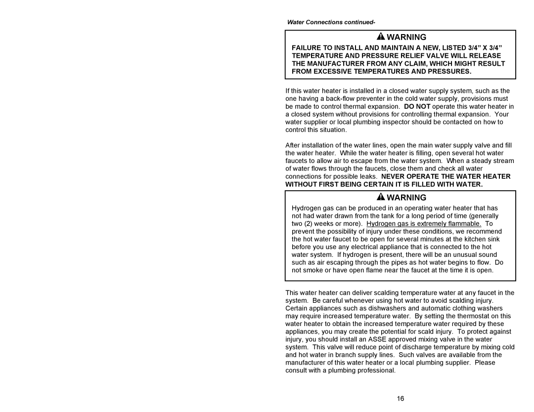 Honeywell 238-47969-00A, Gas Water Heater instruction manual Without First Being Certain IT is Filled with Water 