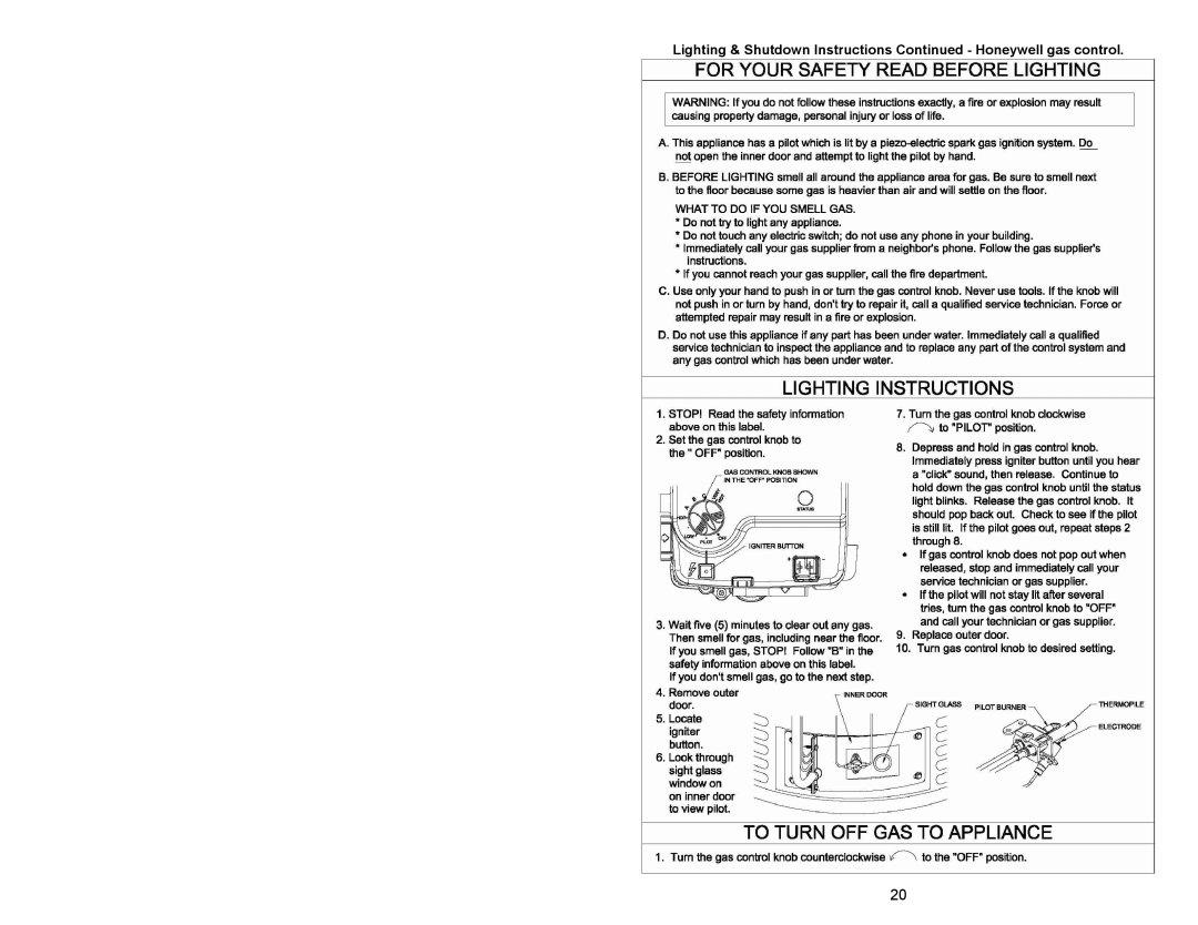 Honeywell 238-47969-00A, Gas Water Heater instruction manual Lighting & Shutdown Instructions Honeywell gas control 