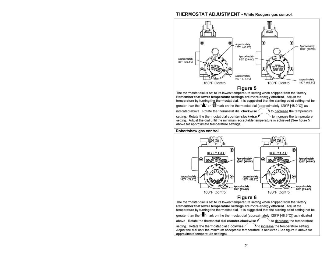 Honeywell Gas Water Heater, 238-47969-00A instruction manual Thermostat Adjustment White Rodgers gas control 