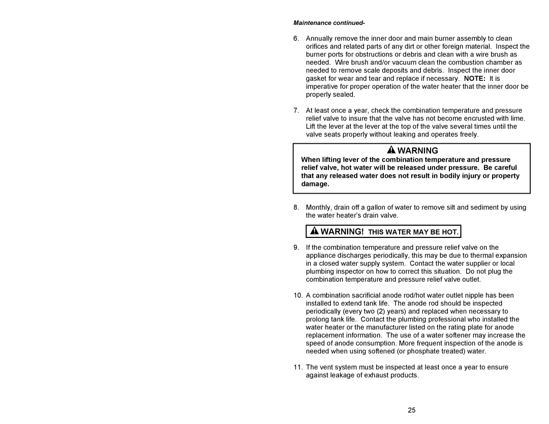 Honeywell Gas Water Heater, 238-47969-00A instruction manual Maintenance 