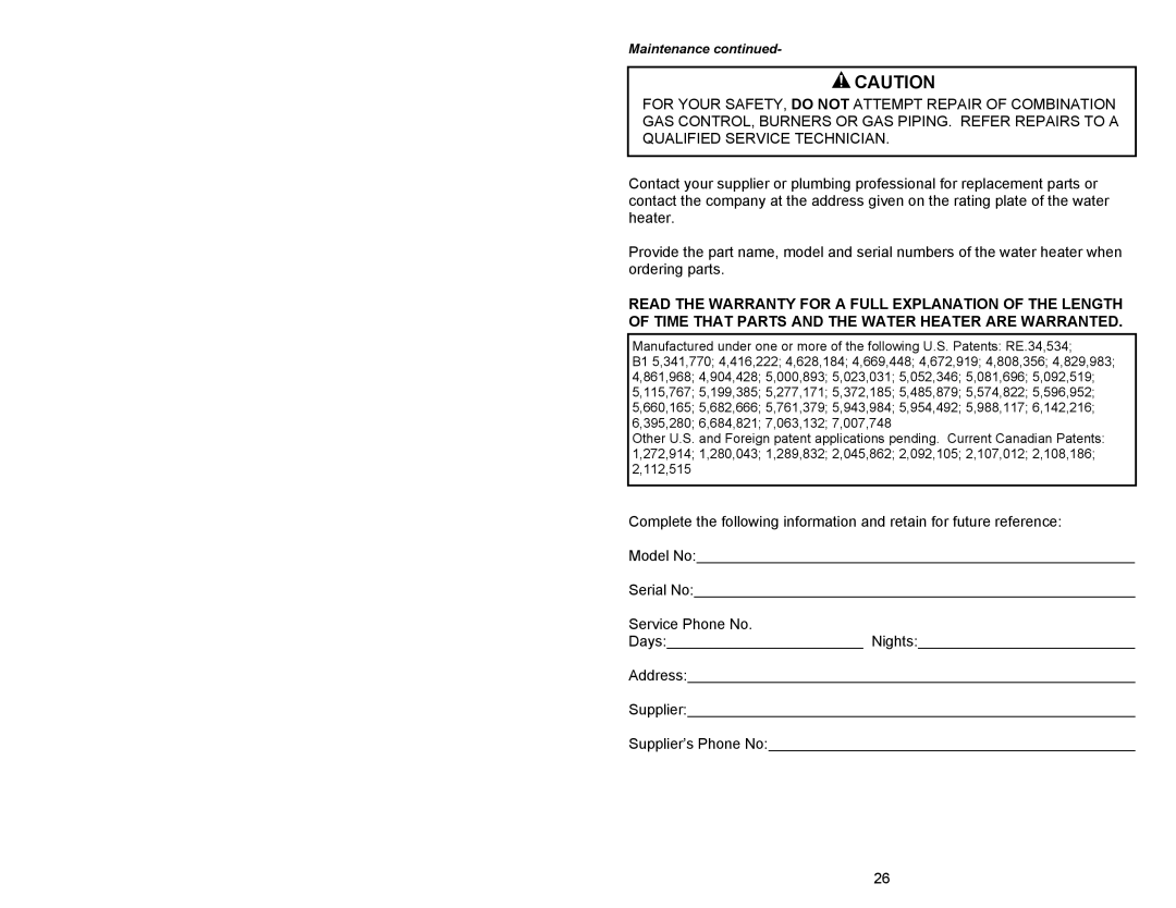 Honeywell 238-47969-00A, Gas Water Heater instruction manual Maintenance 