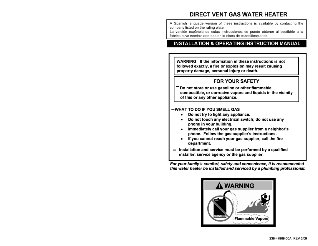 Honeywell 238-47969-00A instruction manual For Your Safety, Direct Vent Gas Water Heater 
