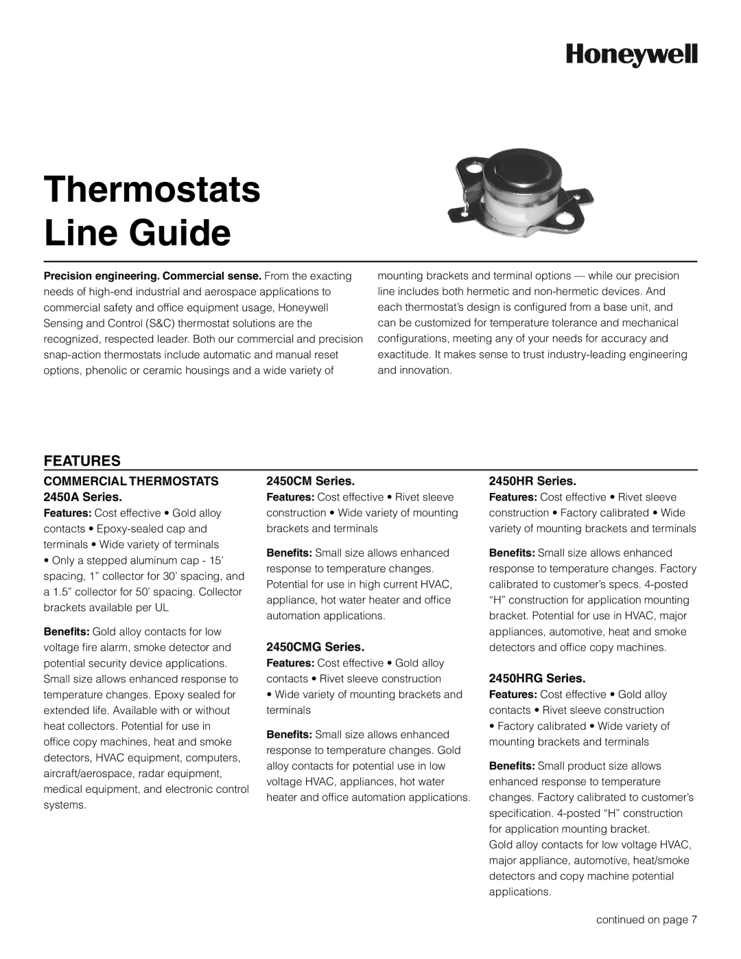 Honeywell manual Commercial Thermostats 2450A Series, 2450CM Series, 2450CMG Series, 2450HR Series, 2450HRG Series 