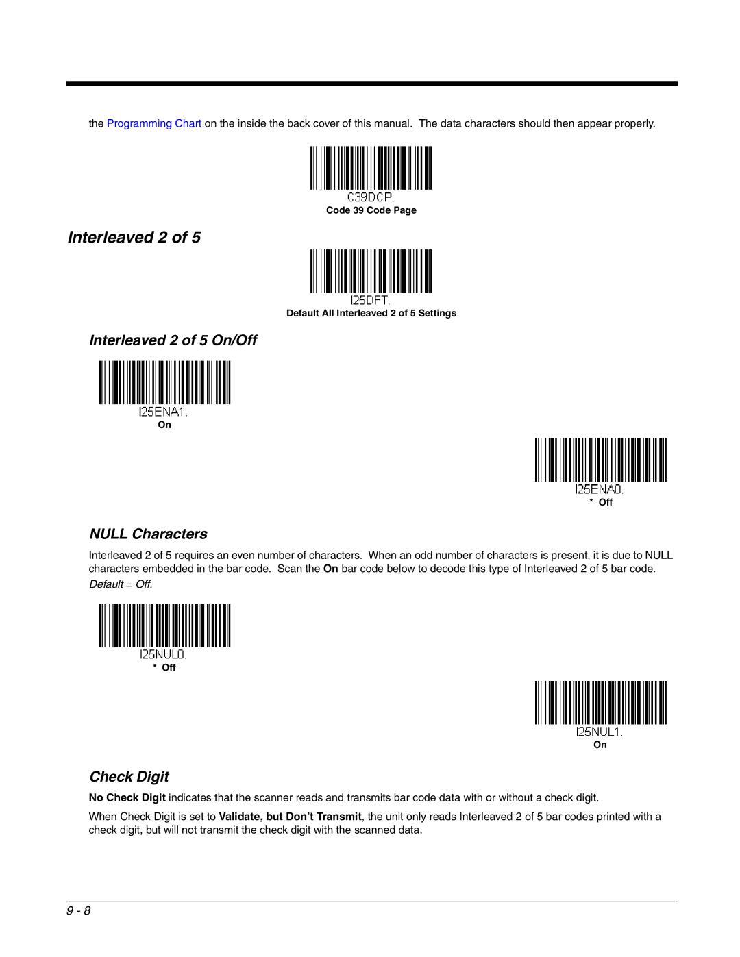 Honeywell 2700 manual Interleaved 2 of 5 On/Off, Null Characters, Check Digit 