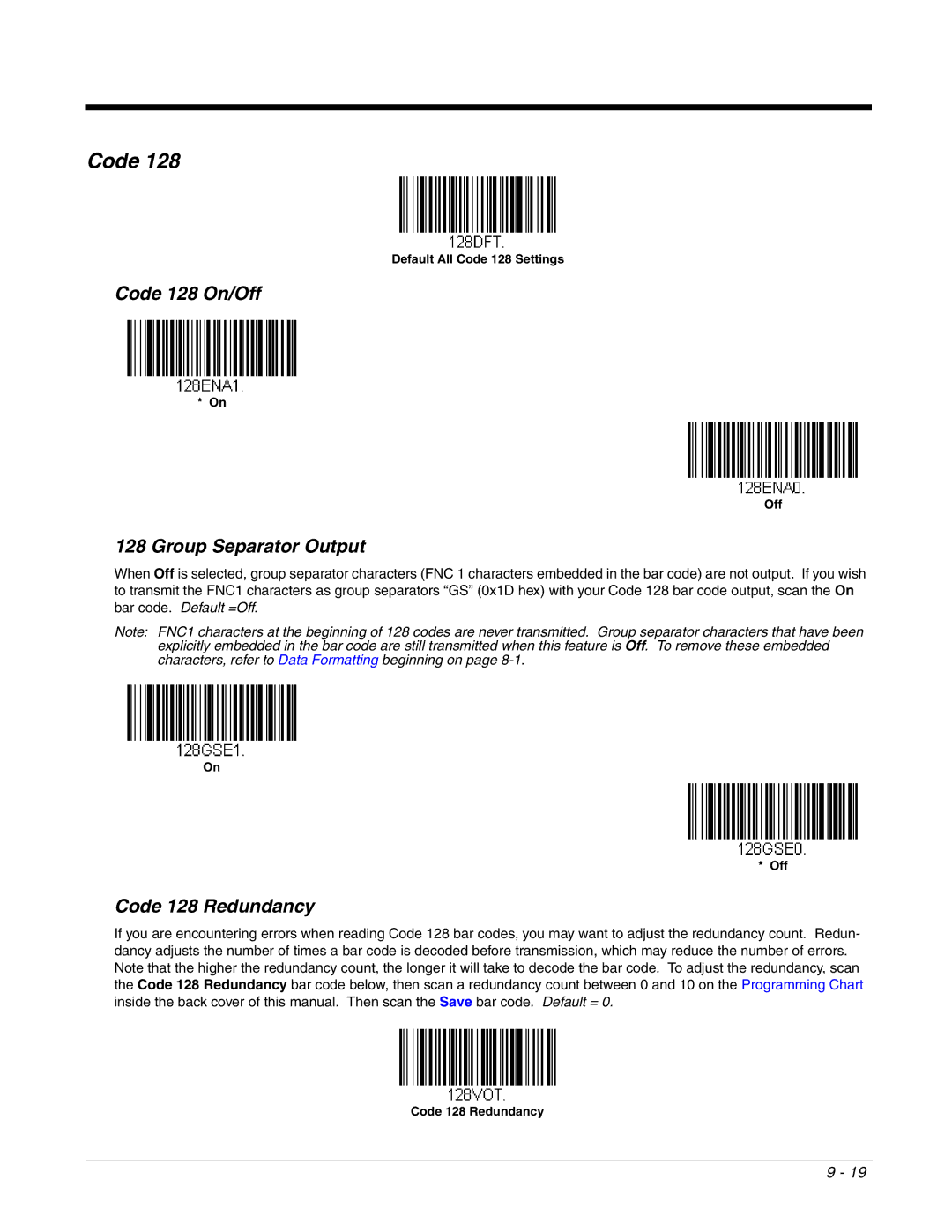 Honeywell 2700 manual Code 128 On/Off, Group Separator Output, Code 128 Redundancy 