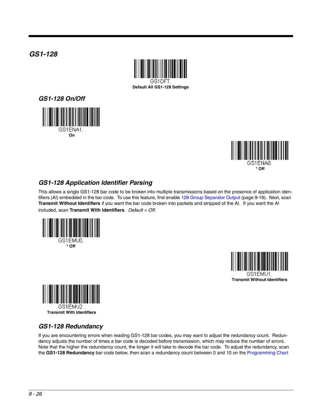 Honeywell 2700 manual GS1-128 On/Off, GS1-128 Application Identifier Parsing, GS1-128 Redundancy 