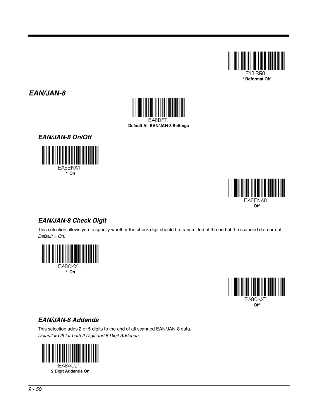 Honeywell 2700 manual EAN/JAN-8 On/Off, EAN/JAN-8 Check Digit, EAN/JAN-8 Addenda 