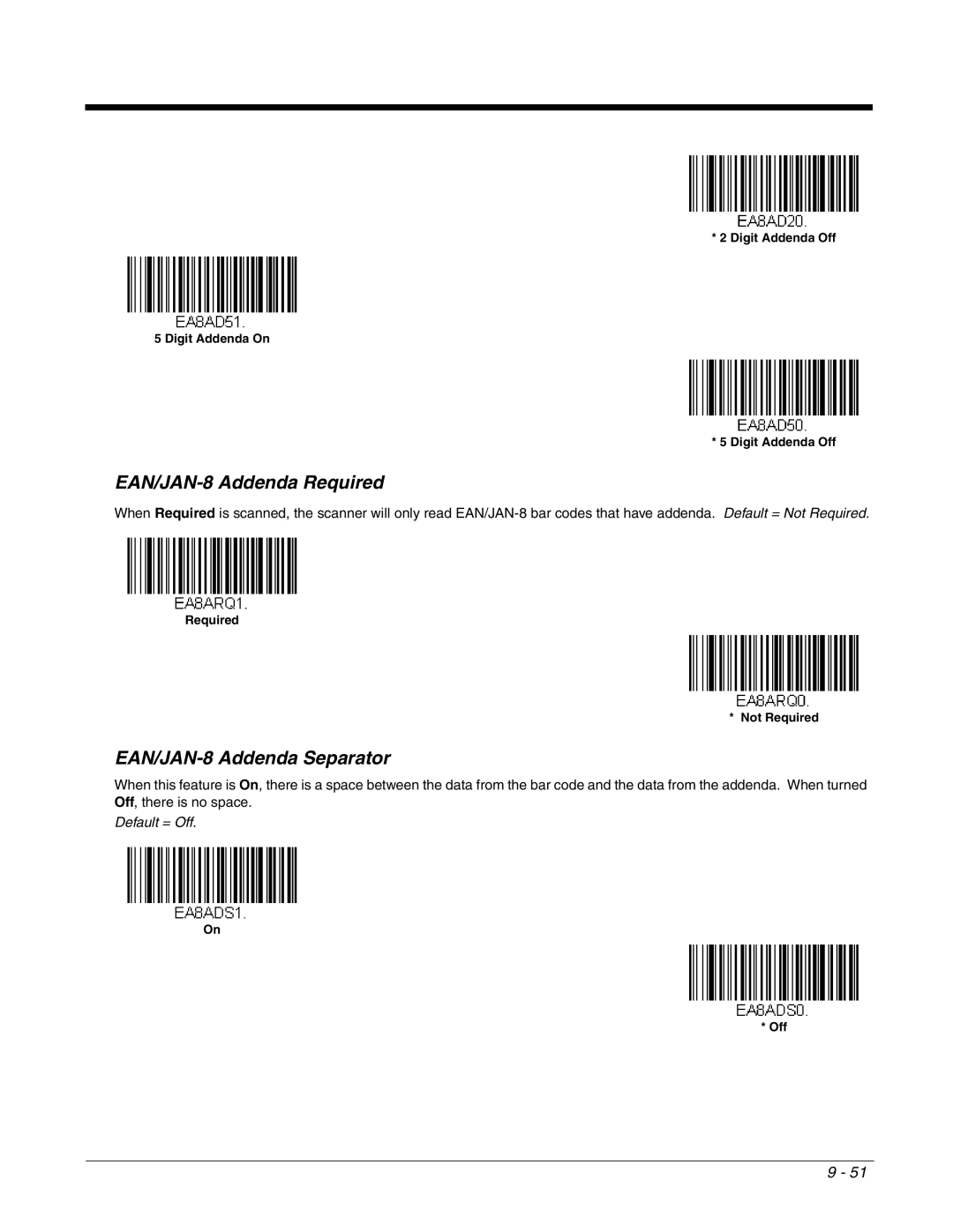 Honeywell 2700 manual EAN/JAN-8 Addenda Required, EAN/JAN-8 Addenda Separator 