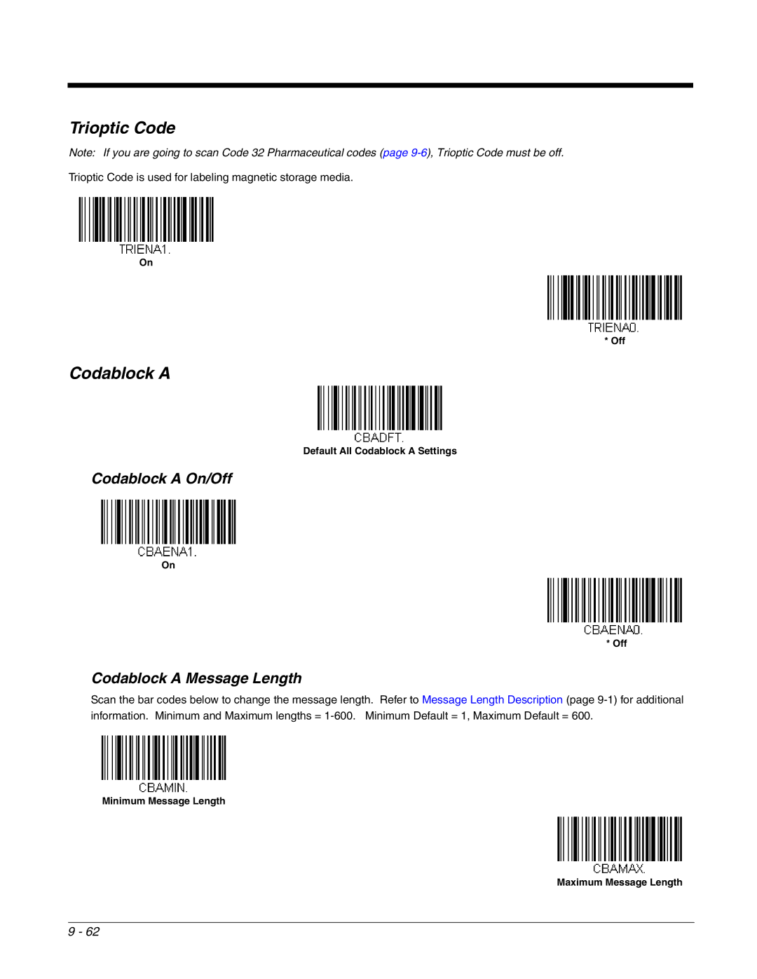 Honeywell 2700 manual Trioptic Code, Codablock a On/Off, Codablock a Message Length 