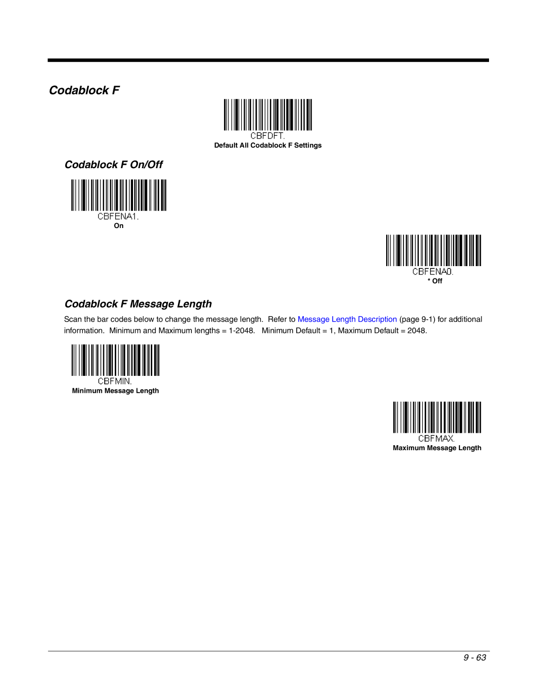 Honeywell 2700 manual Codablock F On/Off, Codablock F Message Length 