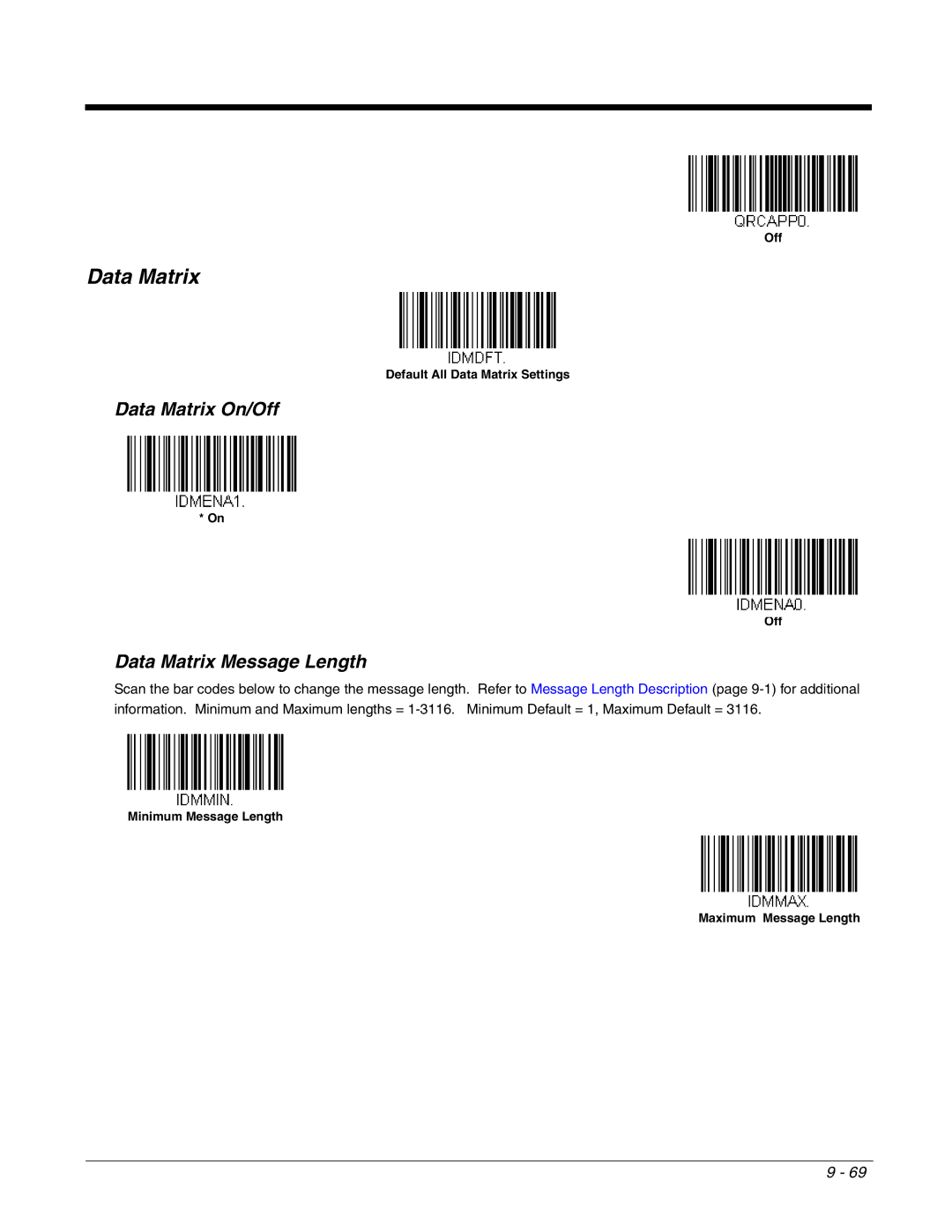 Honeywell 2700 manual Data Matrix On/Off, Data Matrix Message Length 