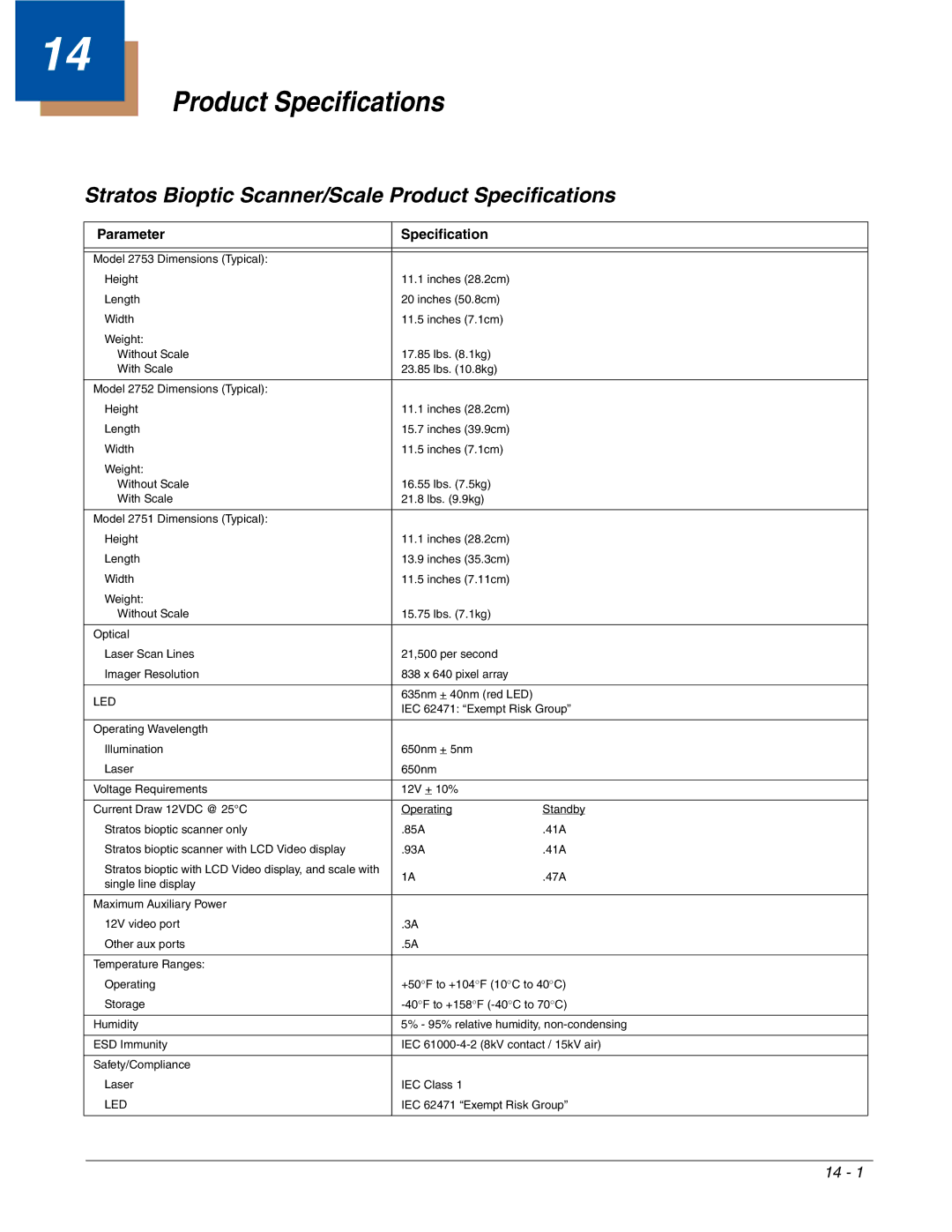 Honeywell 2700 manual Stratos Bioptic Scanner/Scale Product Specifications, Parameter Specification 