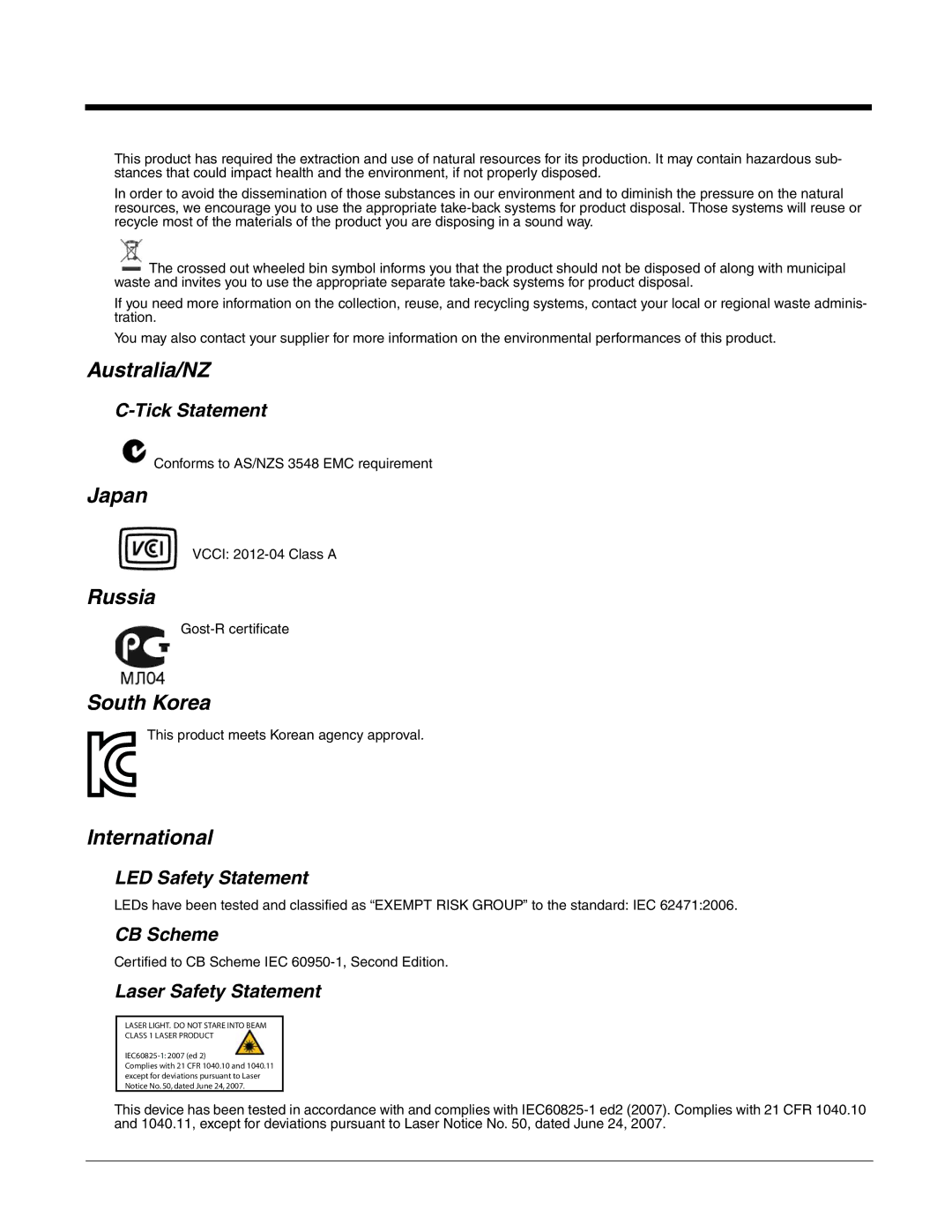 Honeywell 2700 manual Australia/NZ, Japan, Russia, South Korea, International 