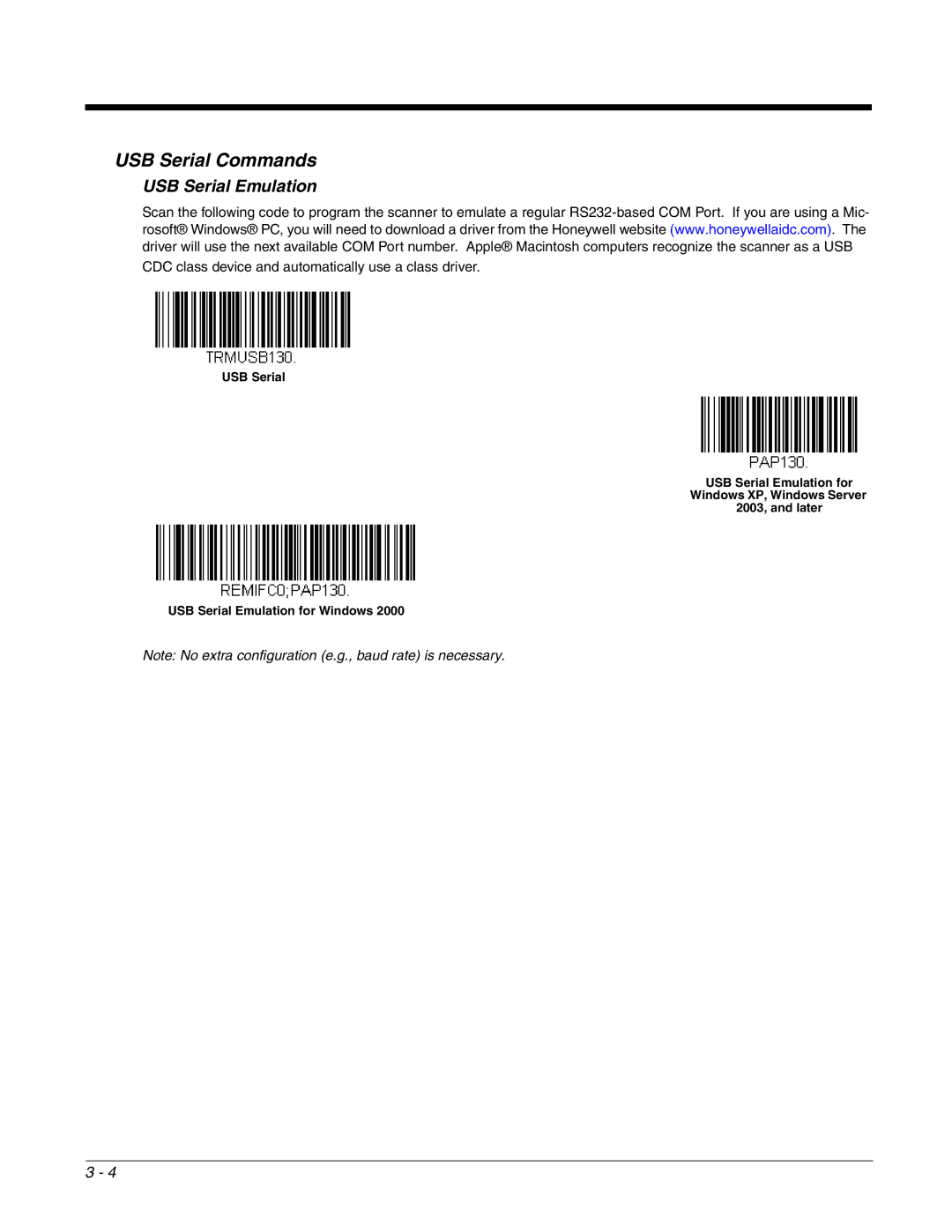 Honeywell 2700 manual USB Serial Commands, USB Serial Emulation 