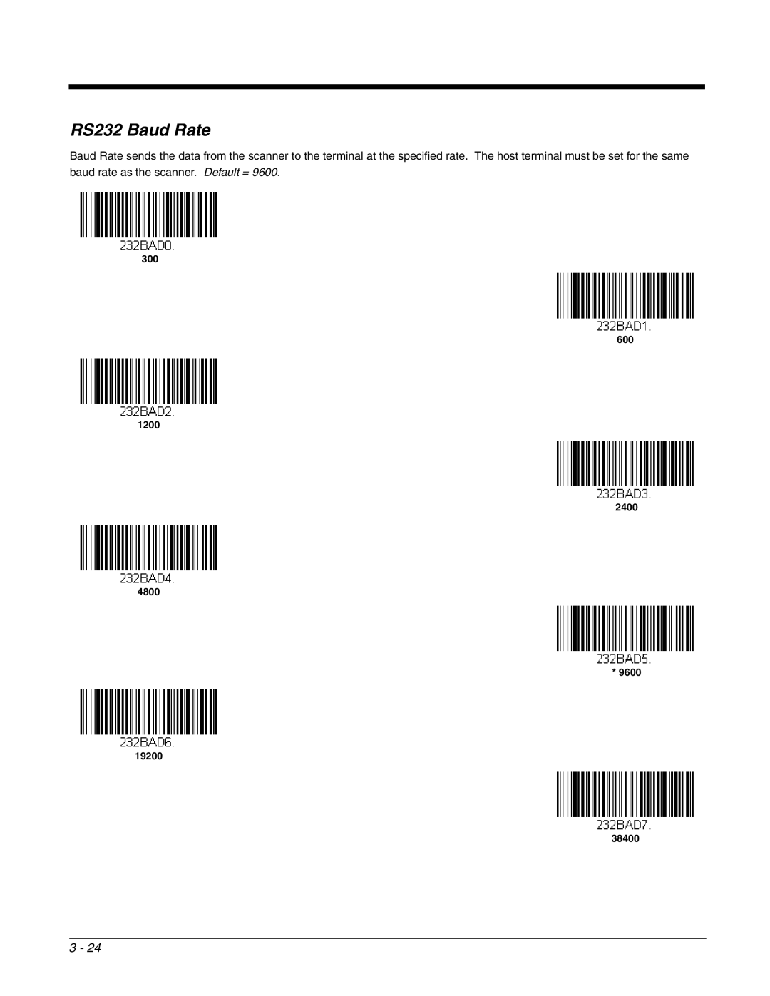 Honeywell 2700 manual RS232 Baud Rate 