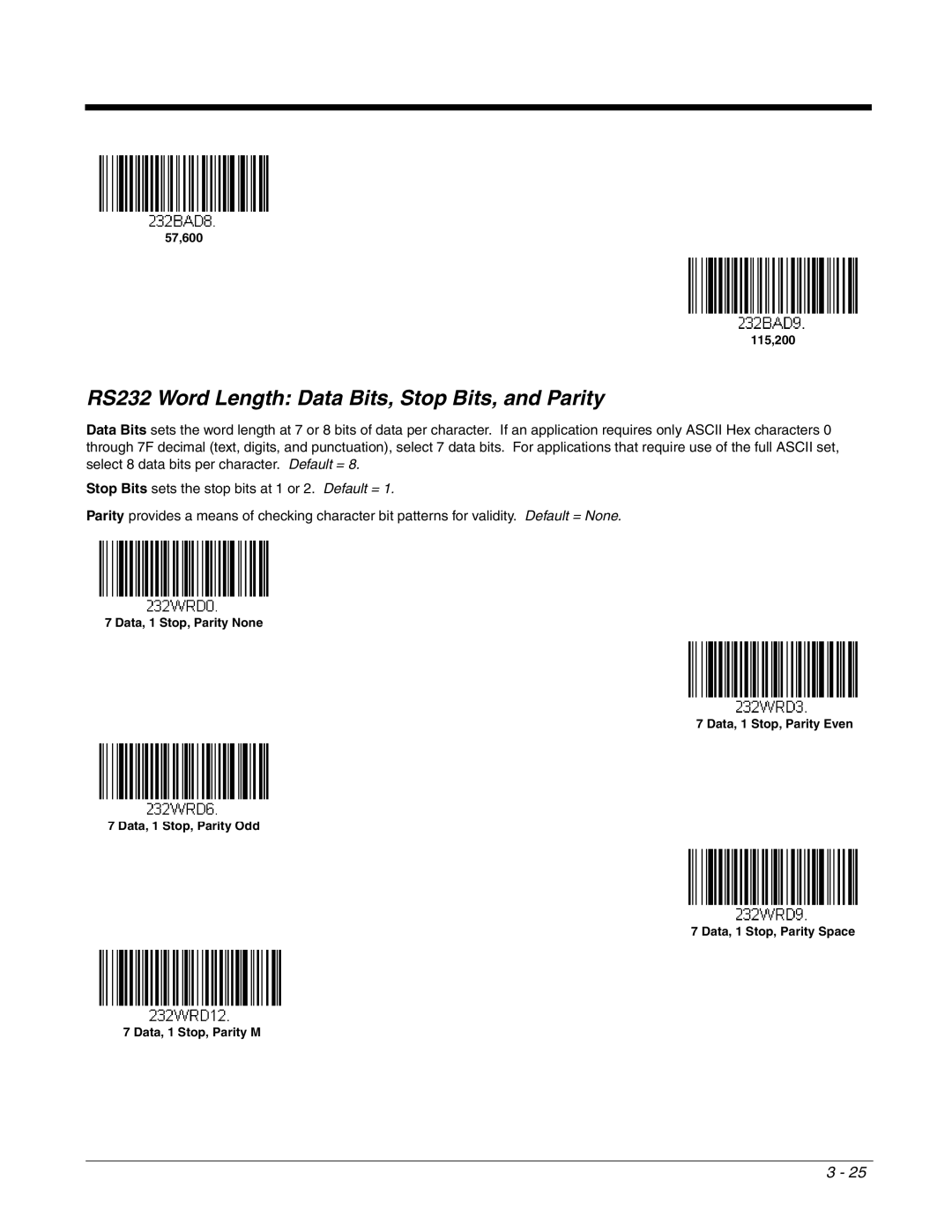 Honeywell 2700 manual RS232 Word Length Data Bits, Stop Bits, and Parity 