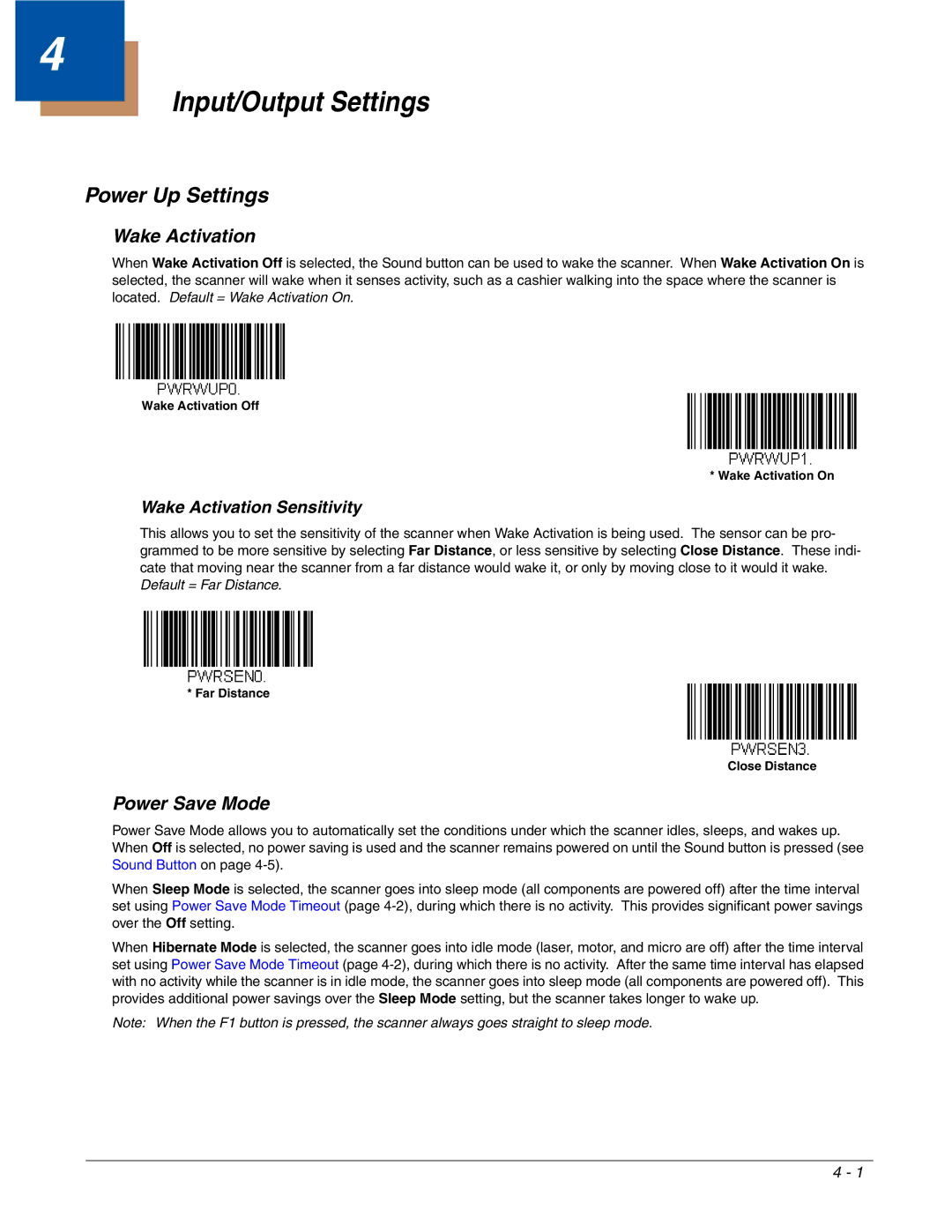 Honeywell 2700 manual Input/Output Settings, Power Up Settings, Power Save Mode, Wake Activation Sensitivity 