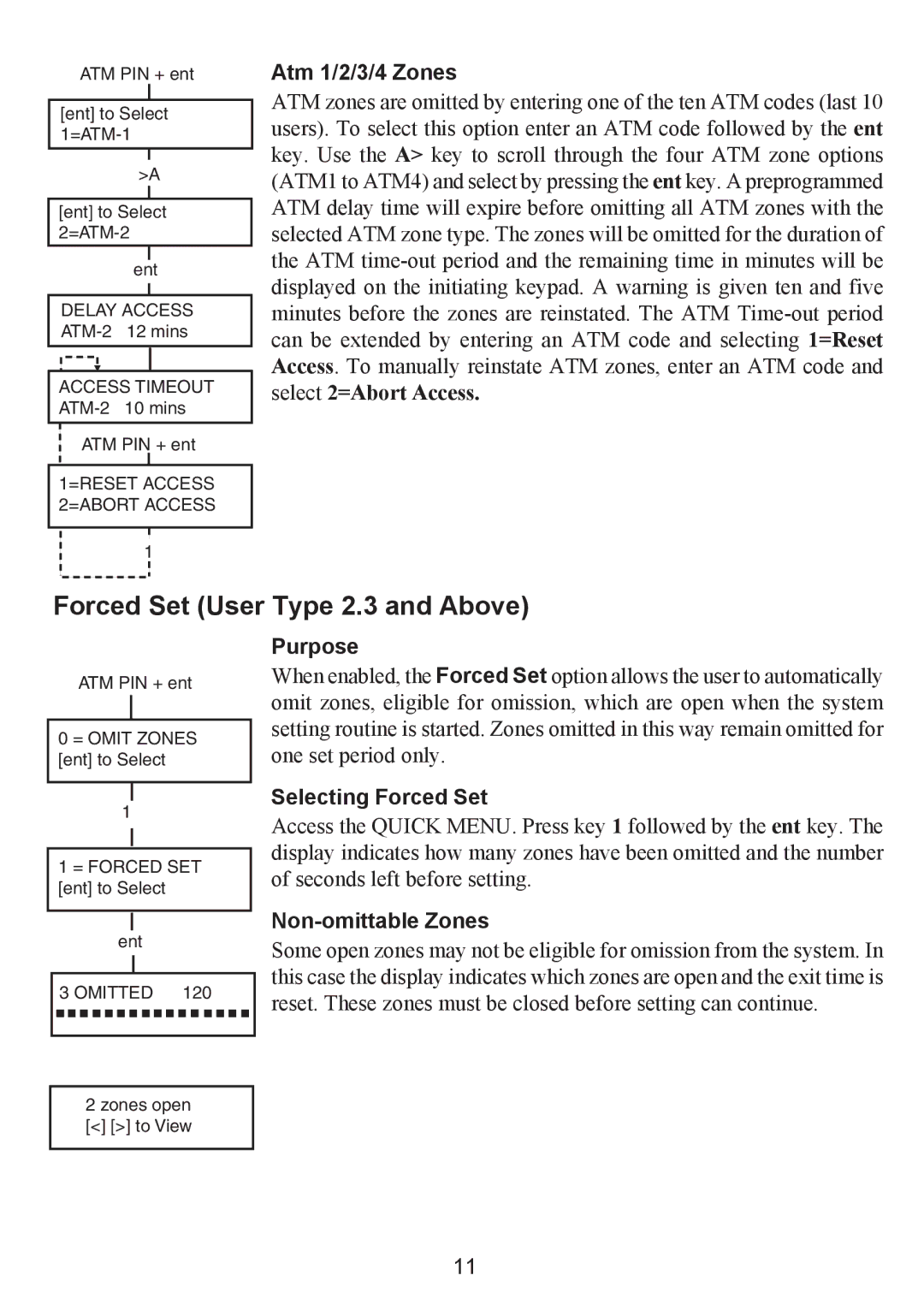 Honeywell 3-144, 3-520C Forced Set User Type 2.3 and Above, Atm 1/2/3/4 Zones, Selecting Forced Set, Non-omittable Zones 