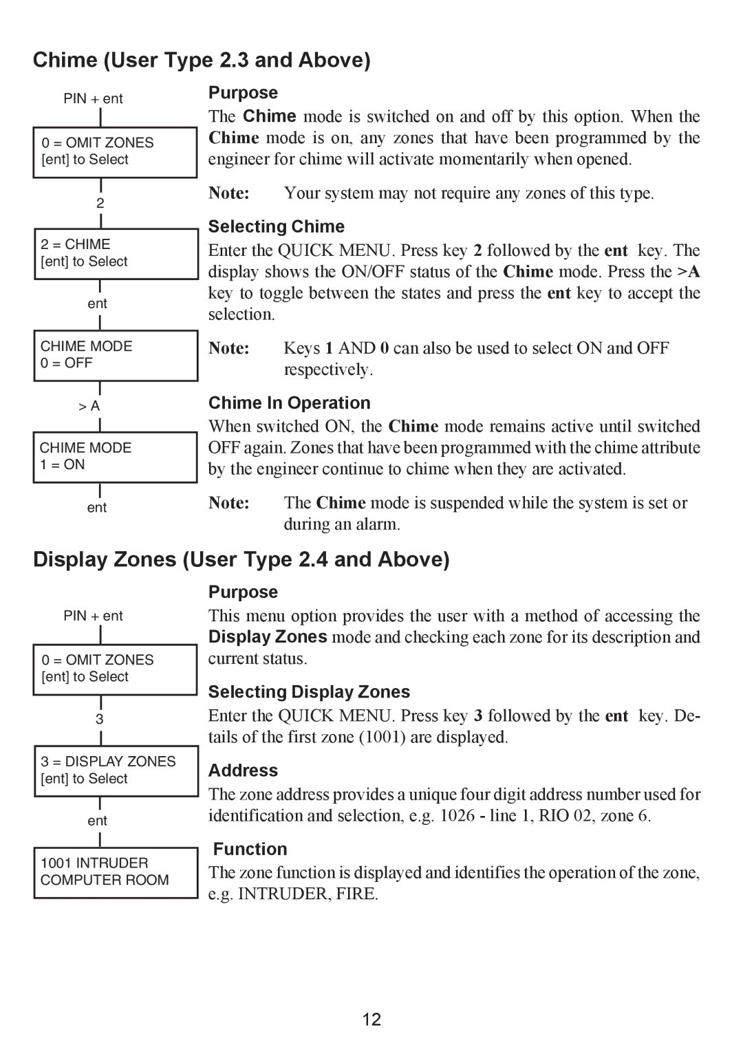 Honeywell 3-520C, 3-48C, 3-144C manual Chime User Type 2.3 and Above, Display Zones User Type 2.4 and Above 