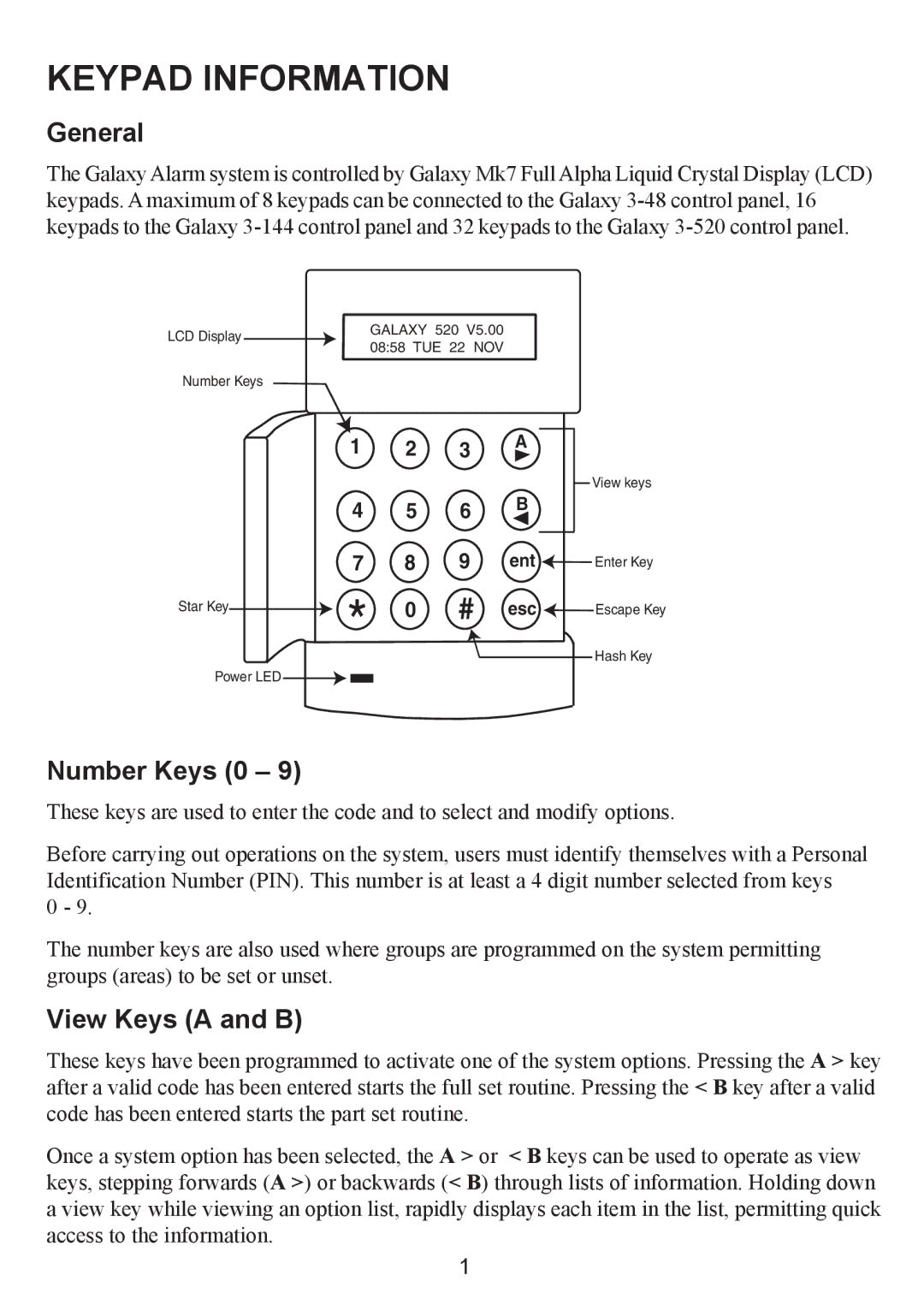 Honeywell 3-520C, 3-48C, 3-144C manual Keypad Information, General, Number Keys 0, View Keys a and B 