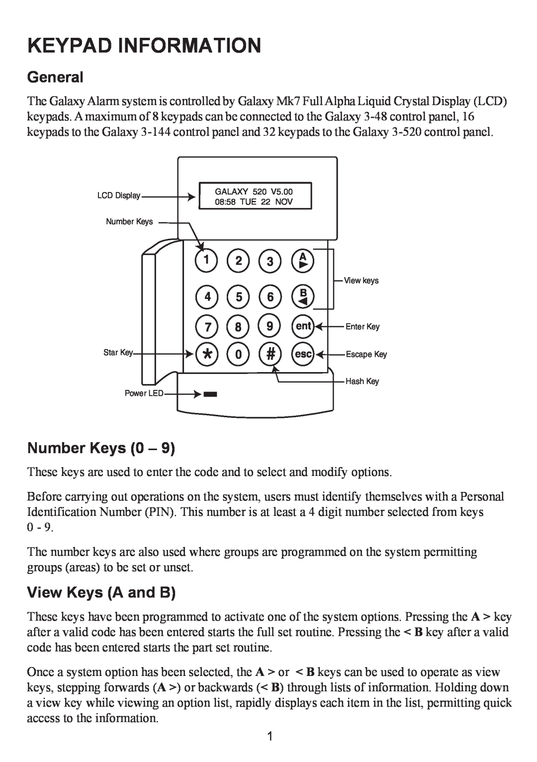 Honeywell 3-520C, 3-48C, 3-144C manual Keypad Information, General, Number Keys, View Keys A and B 