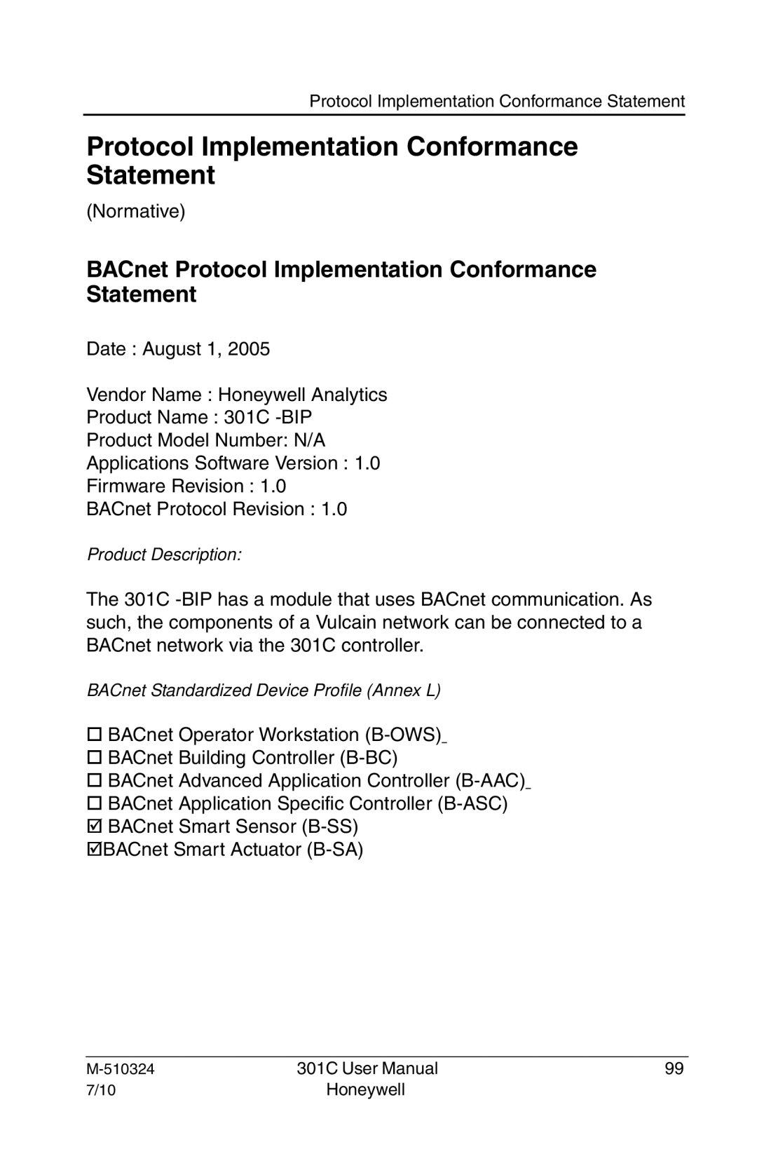 Honeywell 301c user manual BACnet Protocol Implementation Conformance Statement 