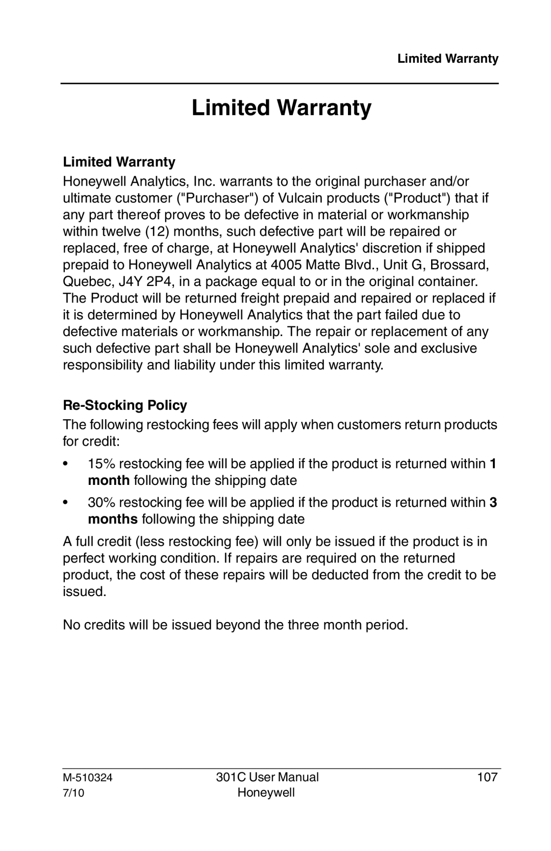 Honeywell 301c user manual Limited Warranty, Re-Stocking Policy 