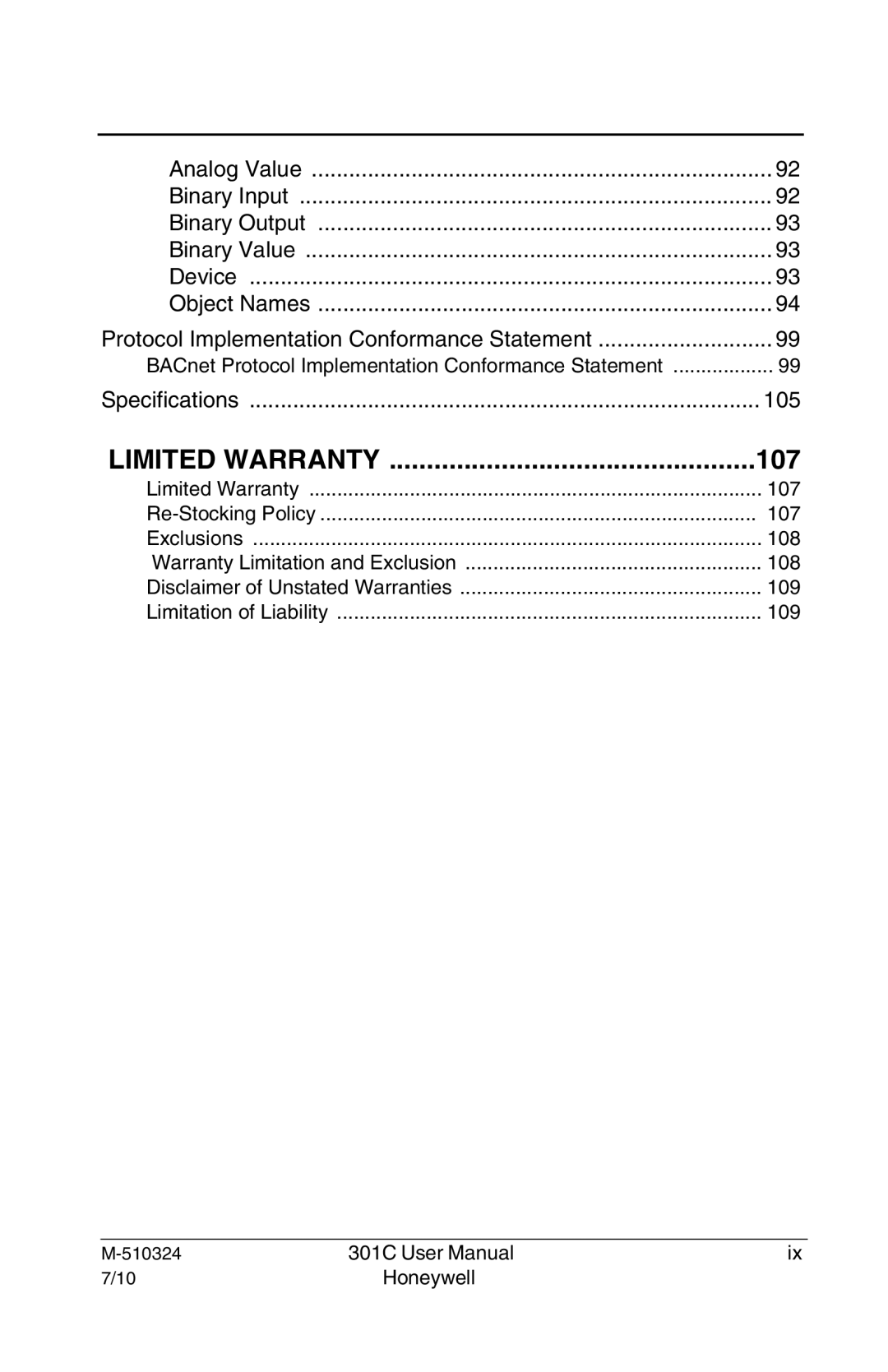 Honeywell 301c user manual Limited Warranty, 107 