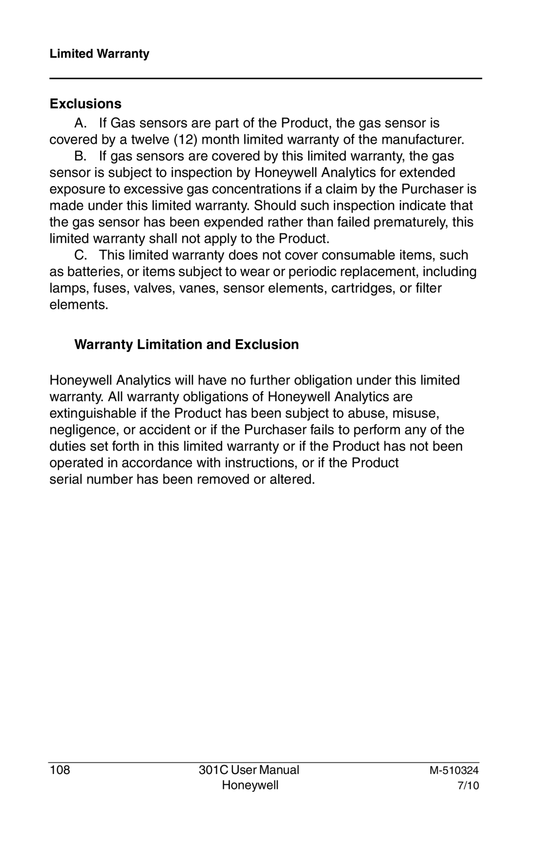 Honeywell 301c user manual Exclusions, Warranty Limitation and Exclusion 