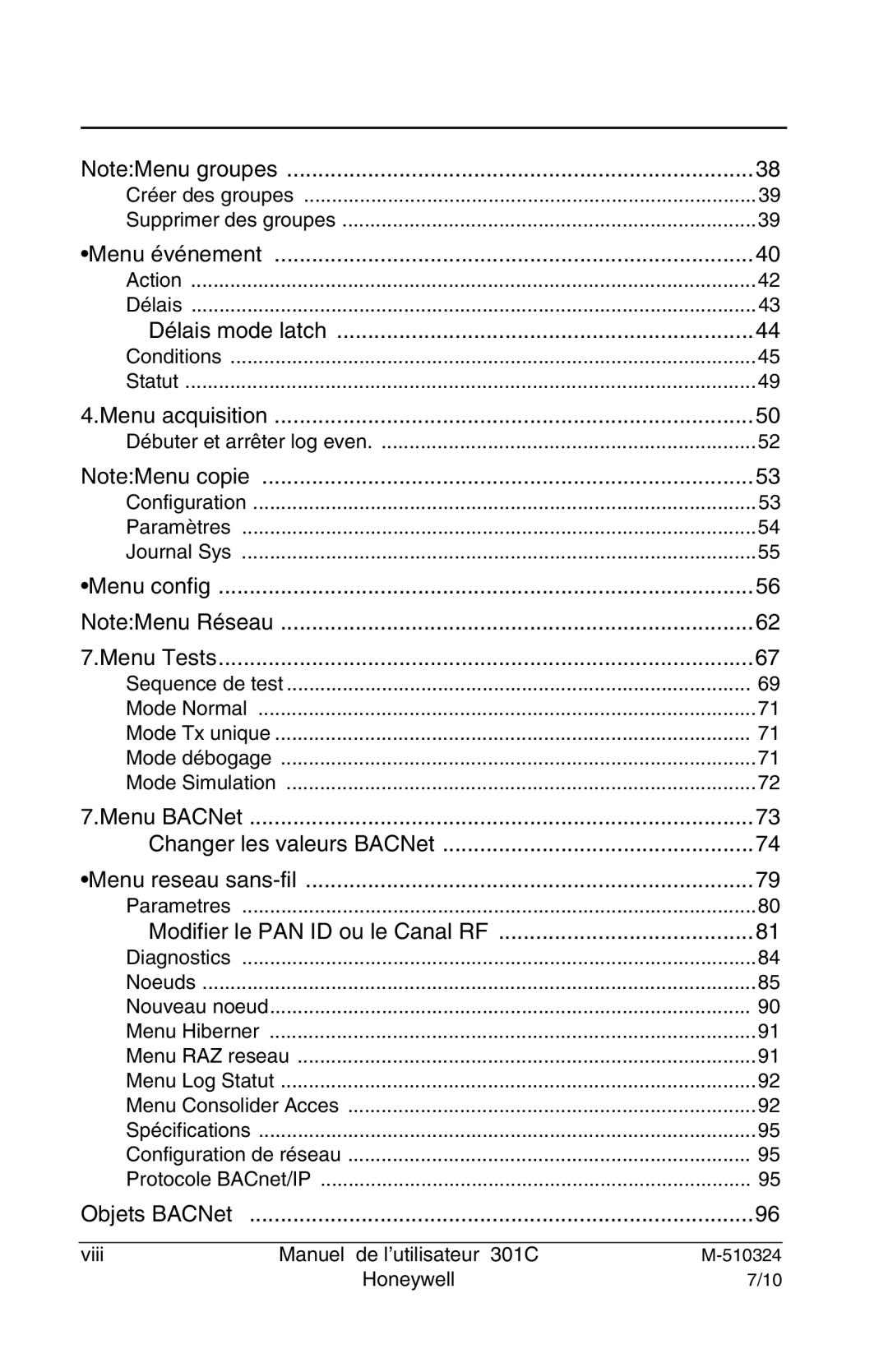 Honeywell 301c user manual Menu événement Action Délais Délais mode latch 