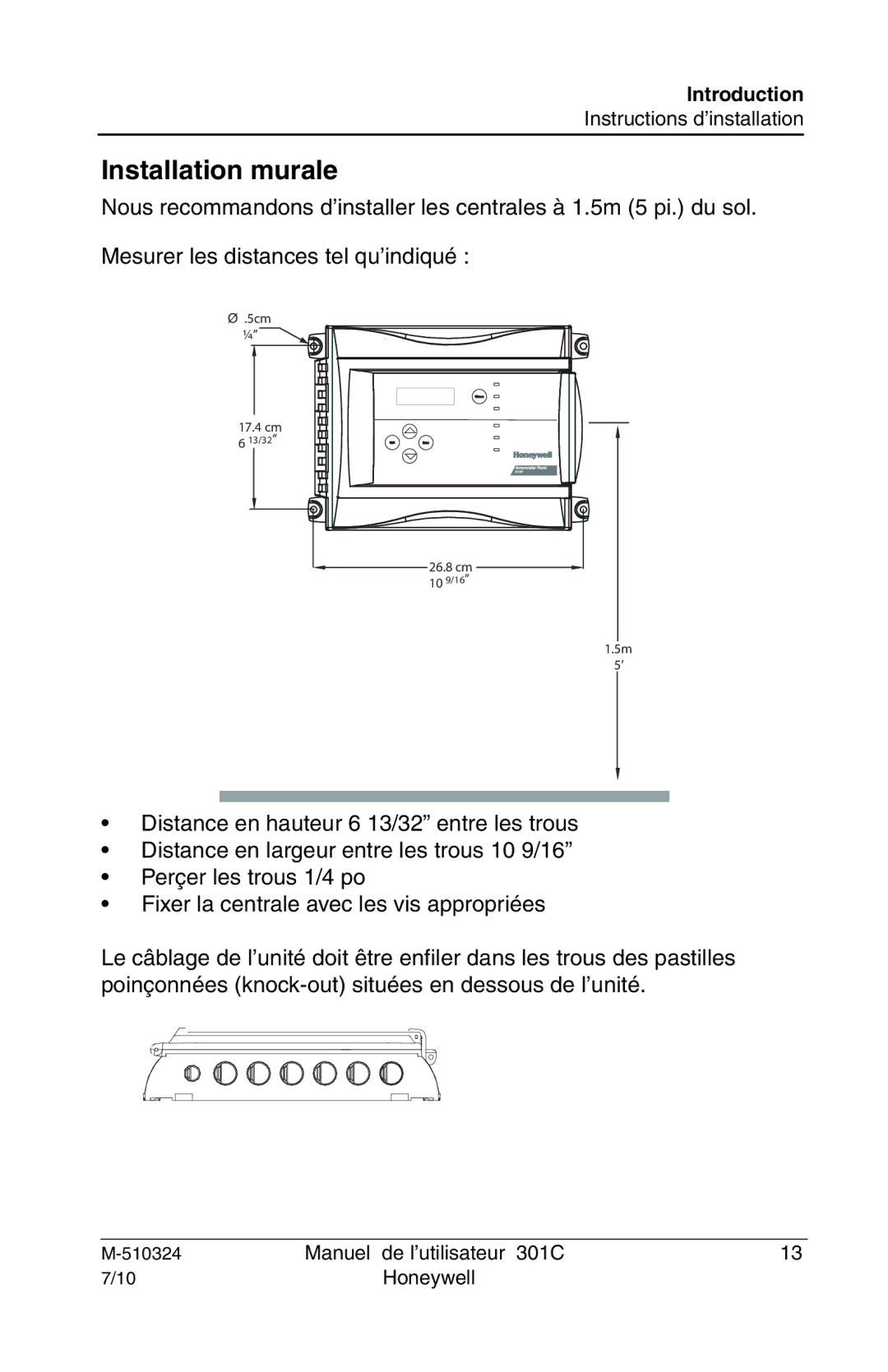 Honeywell 301c user manual Installation murale 