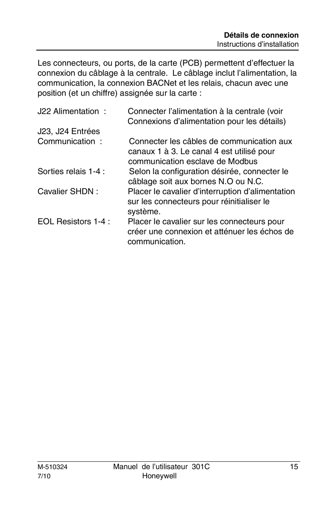 Honeywell 301c user manual Détails de connexion 