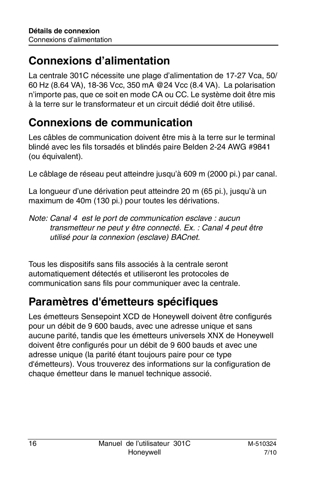 Honeywell 301c user manual Connexions d’alimentation, Connexions de communication, Paramètres démetteurs spécifiques 