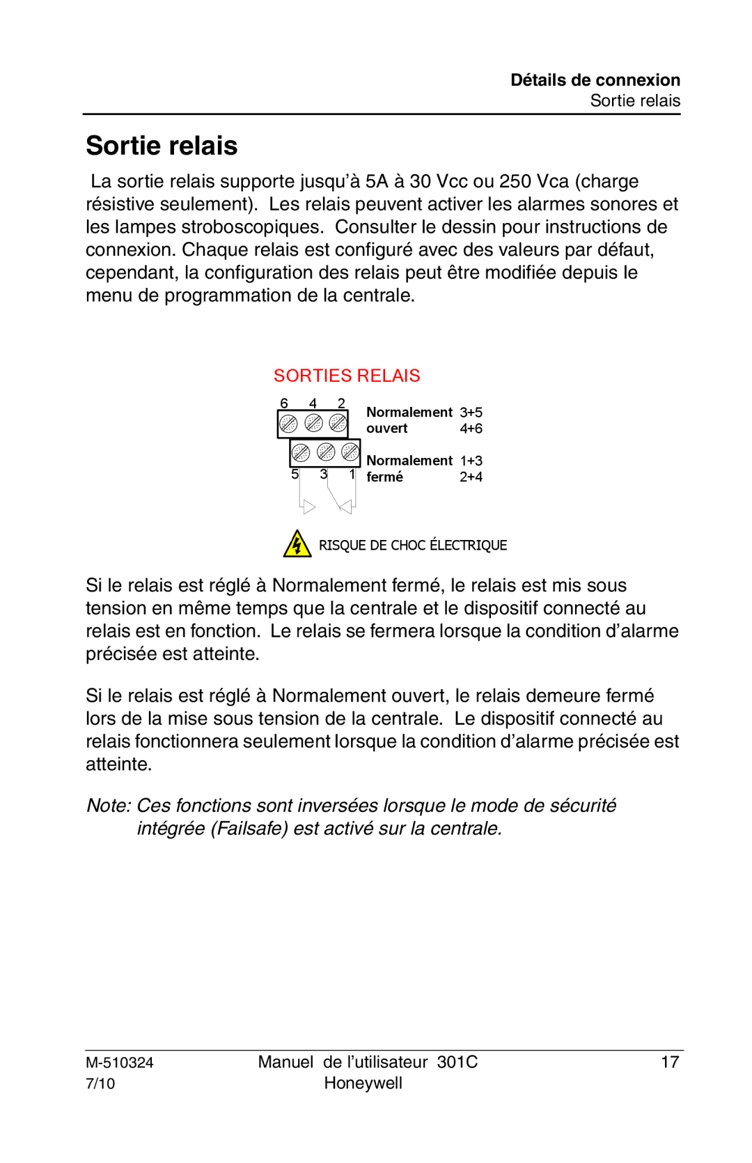 Honeywell 301c user manual Sortie relais, Sorties Relais 