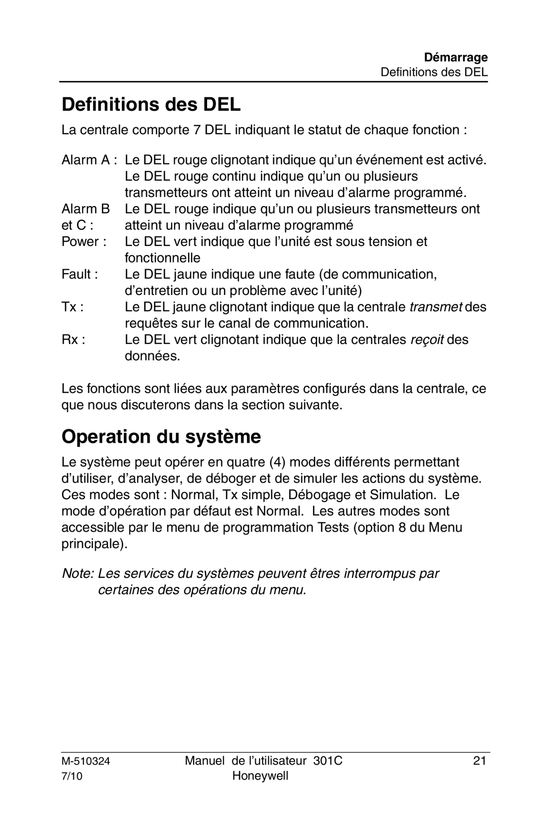 Honeywell 301c user manual Definitions des DEL, Operation du système 