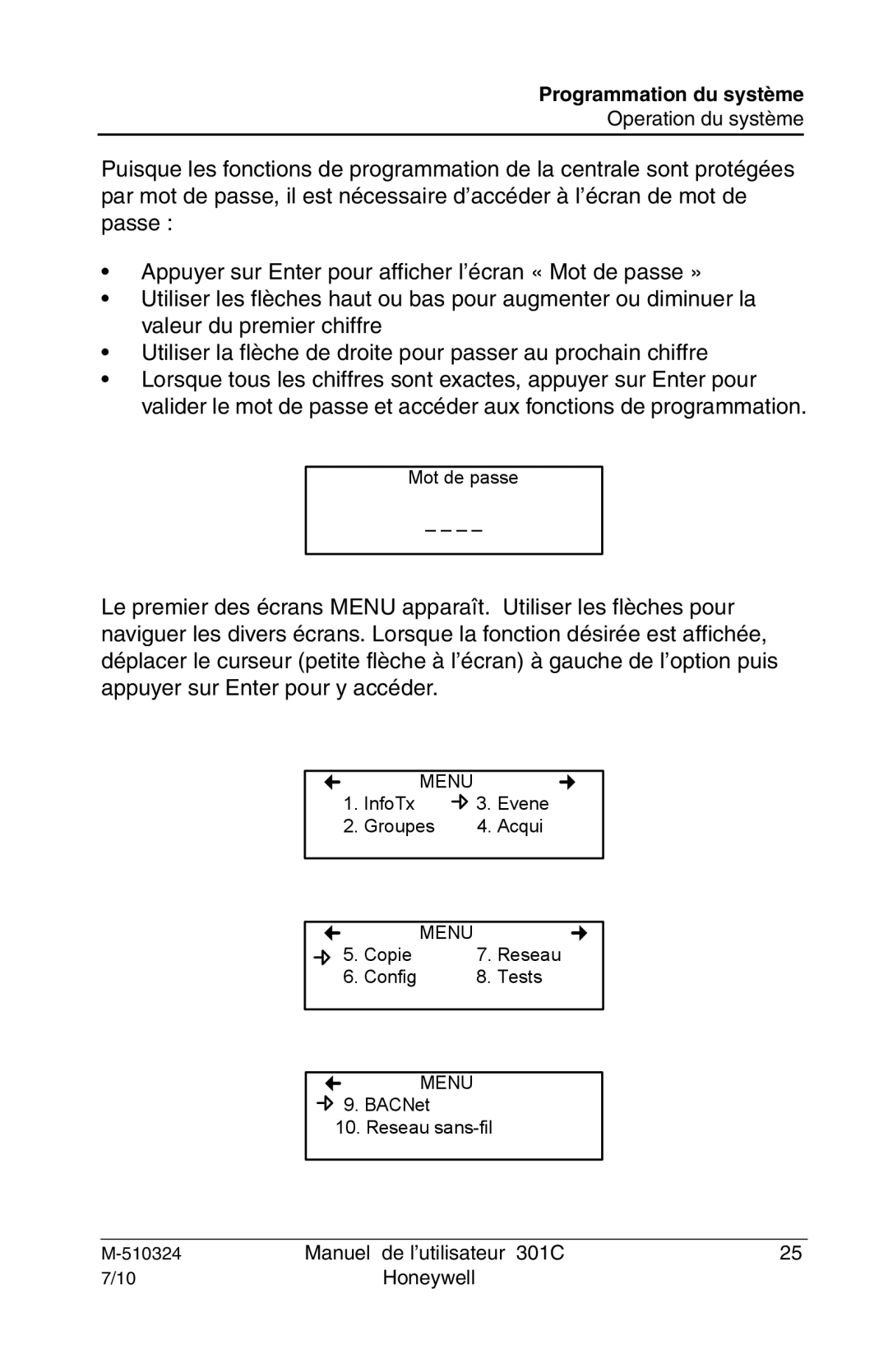 Honeywell 301c user manual Mot de passe 