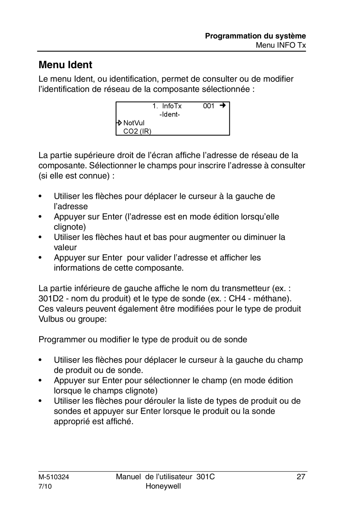 Honeywell 301c user manual Menu Ident 