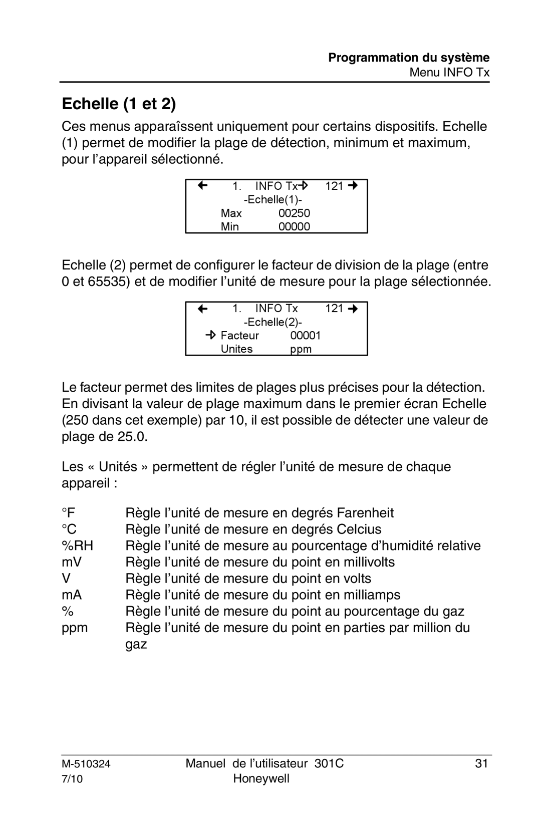 Honeywell 301c user manual Echelle 1 et 