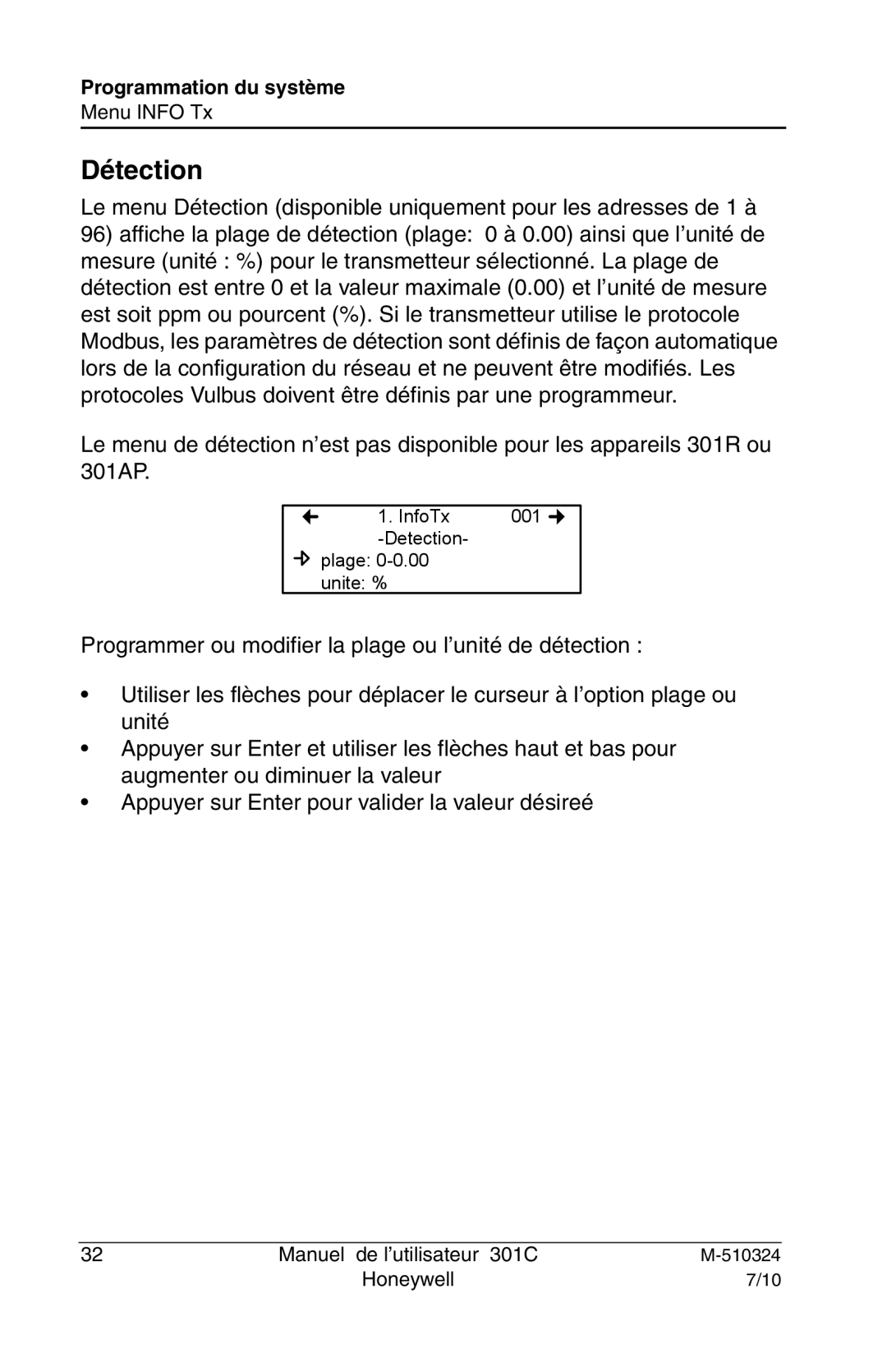 Honeywell 301c user manual Détection 