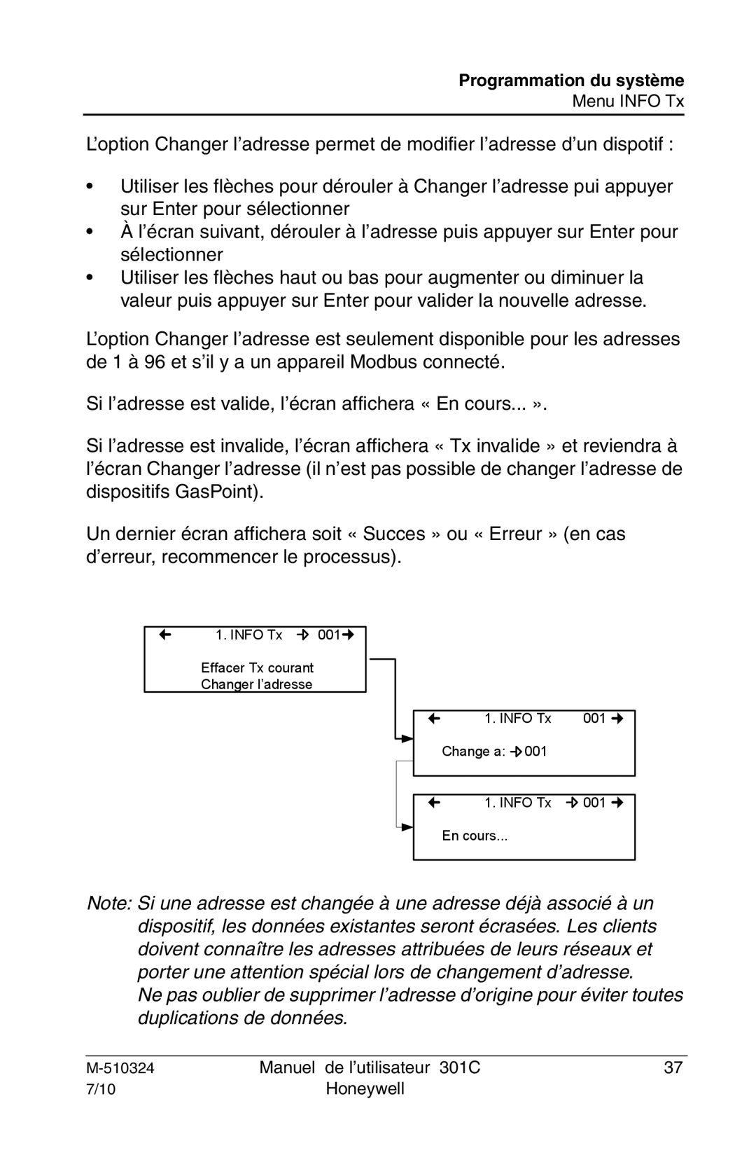 Honeywell 301c user manual Programmation du système 