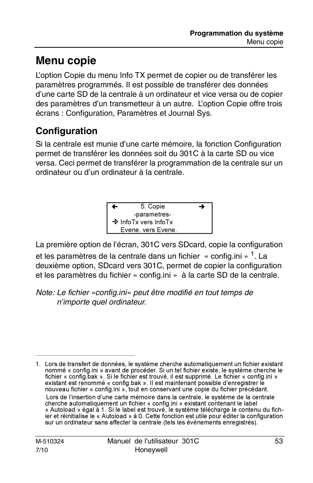 Honeywell 301c user manual Menu copie, Configuration 