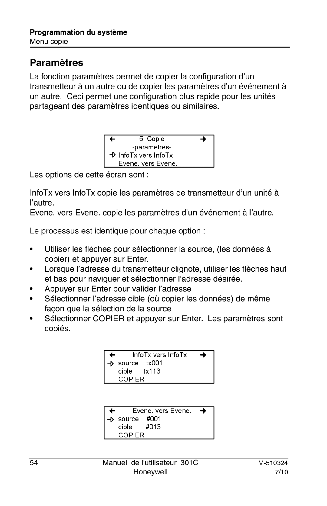 Honeywell 301c user manual Paramètres 