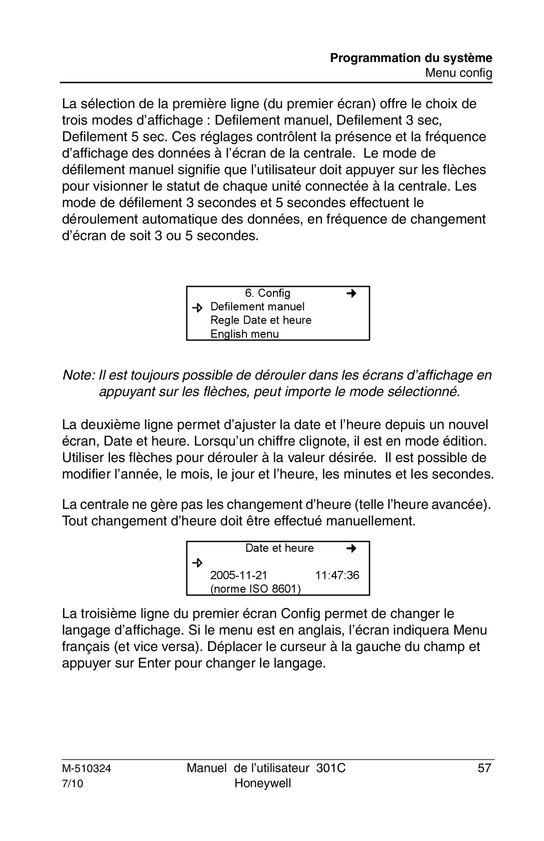 Honeywell 301c user manual Config Defilement manuel Regle Date et heure English menu 