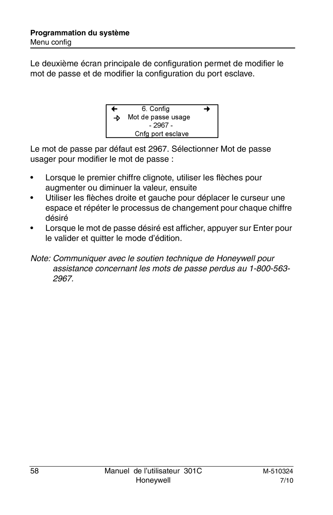 Honeywell 301c user manual Config Mot de passe usage Cnfg port esclave 