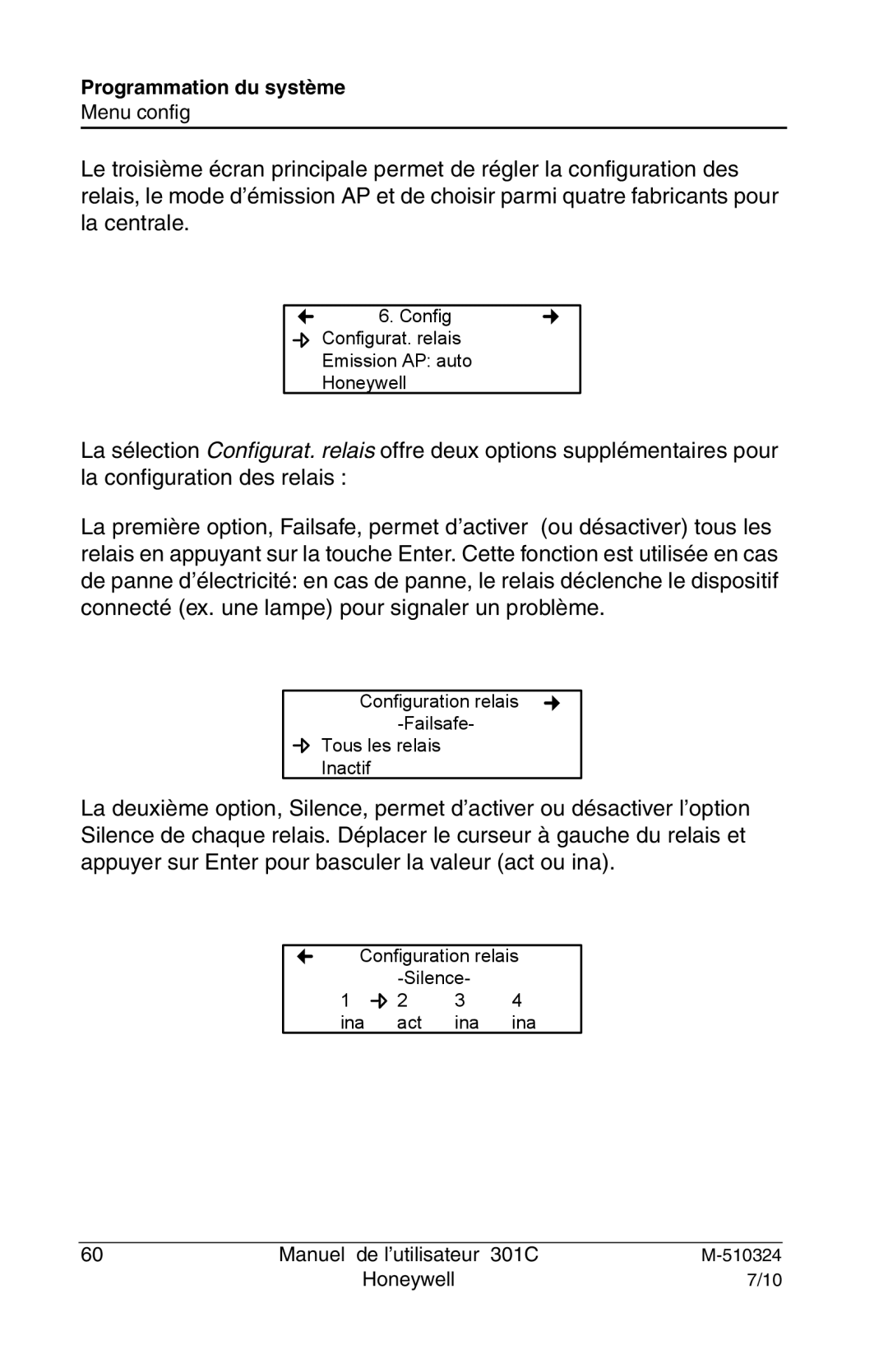 Honeywell 301c user manual Config Configurat. relais Emission AP auto Honeywell 